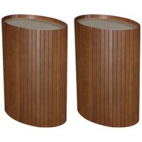 Kit 2 Mesa Apoio Lateral Oval Tampo Vidro Glow Madeira Pinhao Nacc