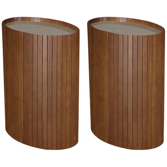 Kit 2 Mesa Apoio Lateral Oval Tampo Vidro Glow Madeira Pinhao Nacc