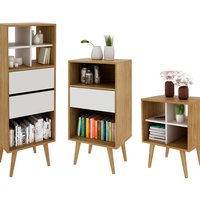 Conjunto 02 Estantes E 01 Mesa Lateral Para Sala Natural Off White Tecno Mobili