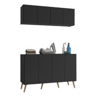 Conjunto Lavanderia Retrô Multiuso Armário Aéreo e Balcão 4 Portas Multimóveis MP5053 Preto/Natural