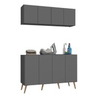 Conjunto Lavanderia Retrô Multiuso Armário Aéreo e Balcão 4 Portas Multimóveis MP5053 Grafite/Natural