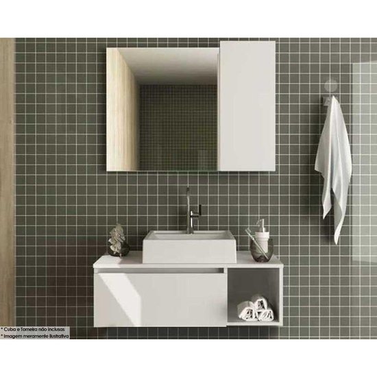 Conjunto de Banheiro Armário c/ Espelho BN3602 e Balcão Suspenso BN3601 s/ Cuba Pia 80cm cor Branco - Tecno Mobili