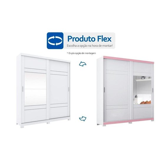 Guarda Roupas 2 Portas de Correr e 3 Gavetas Verg Branco/Rosa - Henn