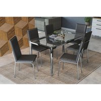 Conjunto: Mesa de Cozinha Reno c/ Tampo Vidro 150cm + 6 Cadeiras Amsterdã Cromado/Courano Preto - Kappesberg