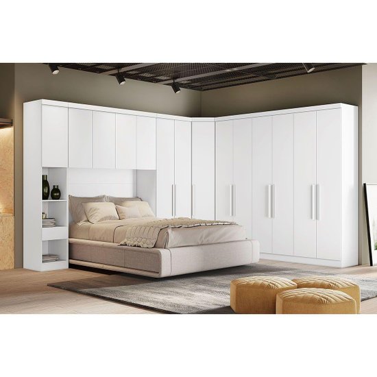 Quarto Modulado Rizon 5 Peças (1 Armário Ponte + 1 Closet + 2 Guarda Roupas + 1 Complemento) QC204 Branco