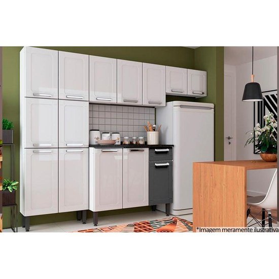 Kit de Cozinha Completa 4 Peças Múltipla  (2 Armários + 1 Balcão + 1 Paneleiro) C4P74 Branco/Preto - Bertolini