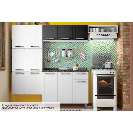 Kit de Cozinha Completa 4 Peças Múltipla  (2 Armários + 1 Balcão + 1 Paneleiro) C4P79 Branco/Preto - Bertolini