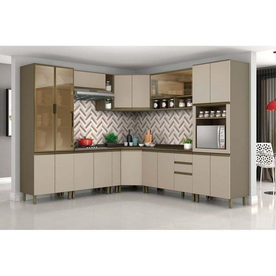 Kit de Cozinha Modulada 14 Peças Connect 1 (4 Armários + 4 Balcões + 2 Paneleiros + 4 Complementos) C14P06 Duna/Cristal