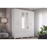Guarda Roupa Casal 6 Portas e 5 Gavetas c/ Espelho Porto Branco - Panan