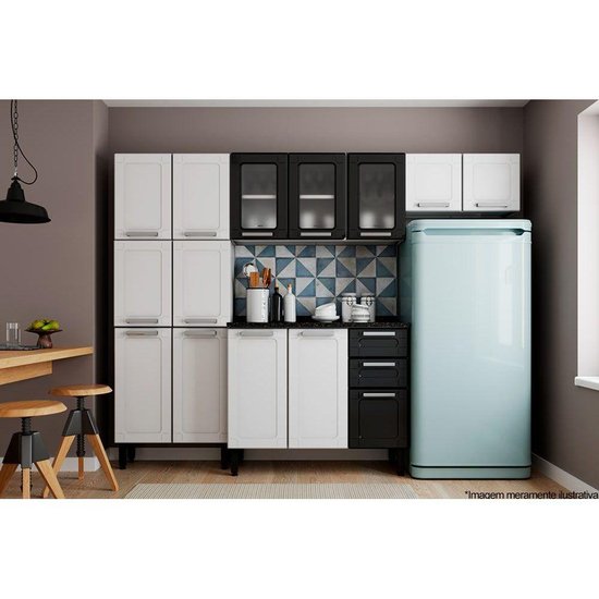 Kit de Cozinha Modulada 4 Peças Múltipla  (2 Armários + 1 Balcão + 1 Paneleiro) C4P73 Branco/Preto - Bertolini