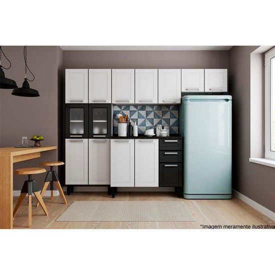 Kit de Cozinha Modulada 4 Peças Múltipla  (2 Armários + 1 Balcão + 1 Paneleiro) C4P81 Branco/Preto - Bertolini
