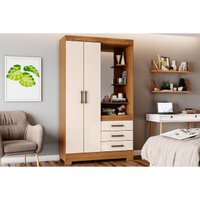 Guarda Roupa Solteiro 2 Portas e 3 Gavetas c/ Espelho e Pés Briz B64 Nature/Off White - Henn