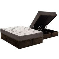 Cama Box Baú Queen: Colchão Espuma Ortobom D45 Light Saúde OrtoPillow + Base CRC Suede Brown(158x198)