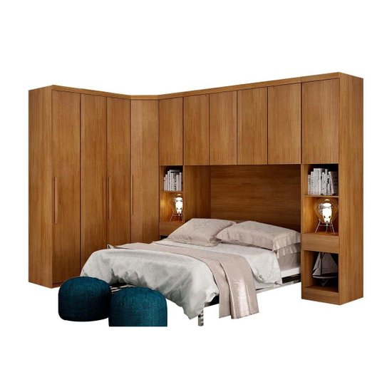 Quarto Modulado Rizon 6 Peças (1 Armário Ponte + 1 Closet + 2 Guarda Roupas + 2 Complementos) QCM02 Freijo Cumaru