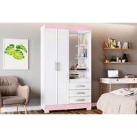 Guarda Roupa Solteiro 2 Portas e 3 Gavetas c/ Espelho e Pés Briz B64 Branco/Rosa - Henn