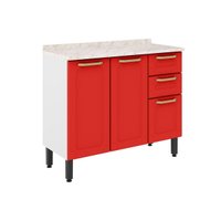 Módulo Cozinha Bertolini Colors   6114 3 Portas e 2 Gavetas c/ Tampo Branco/Vermelho