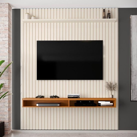 Painel Ripado para TV Até 75 Polegadas Intense com Nicho 184cm Cor:Off White/Cedro