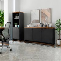 Kit Sala Jantar E Estar Aparador 3 Portas E Livreiro Berlin - ViaNossa Cor:Preto/Naturale