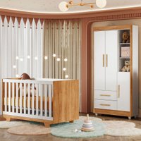 Quarto de Bebê Completo Lara 100% MDF 3 Portas 2 Gavetas 650108  Amadeirado/Branco