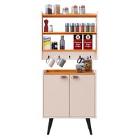 Kit Aparador Buffet Retrô Armário Suspenso Prateleiras Ganchos Cozinha Pequena - Off White/Cinamomo