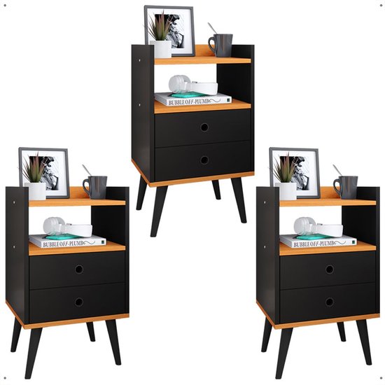 Kit 3 Mesas Cabeceira Dream Jogo Mesinha Decorativa Lateral Cama Decoração Quarto Casal Solteiro - Preto/Cinamomo - RPM