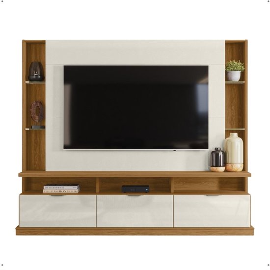 Estante Home Rack Painel Sala TV 55 60 65 70” Portas Prateleira Vidro Nicho Decoração Retrô Bilbao Freijó/Cinza -RPM