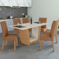 Mesa de Jantar 6 Lugares Apogeu com Vidro 717813 Amêndoa Clean/Off White/Corino Caramelo