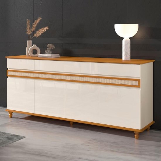 Aparador Buffet 4 Portas 4 Gavetas com Pés em Madeira Maciça Dublin Cor:Off White e Cedro