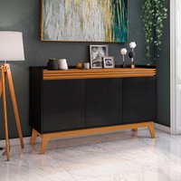 Buffet Aparador 3 Portas Ripado com Pés de MDF Astúrias Cor:Preto/Cedro
