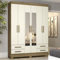 Guarda Roupa Casal Henn Briz 6 Portas 4 Gavetas Com Espelho - Rustico com Off White