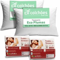 Kit 2 Travesseiro Percal 180 Fios Fibra Siliconada 50x70 + 2 Protetor de Travesseiro 100 Algodão Impermeável BF Colchões