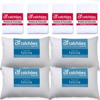 Kit 4 Travesseiros Fibra Siliconada Antialérgico 45x65cm + 4 Capas Impermeável BF Colchões