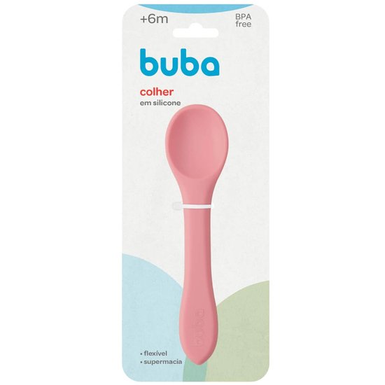 Colher de Silicone para Bebê Buba Rosa Mais 6m Introducao Alimentar Flexível