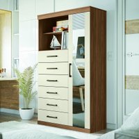 Cômoda Multiuso 1 Porta 6 Gavetas com Espelho Marabá Santos Andirá -Branco Jatoba/Areia