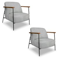 Kit 2 Poltronas Decorativa Celeste Linho Bouclê Cinza Claro Base de Ferro Preto - Pallazio