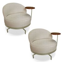 Kit 2 Poltronas Decorativa Andromeda Linho Bouclê Bege Base Giratória de Ferro - Pallazio