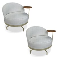 Kit 2 Poltronas Decorativa Andromeda Linho Bouclê Cinza Claro Base Giratória de Ferro - Pallazio