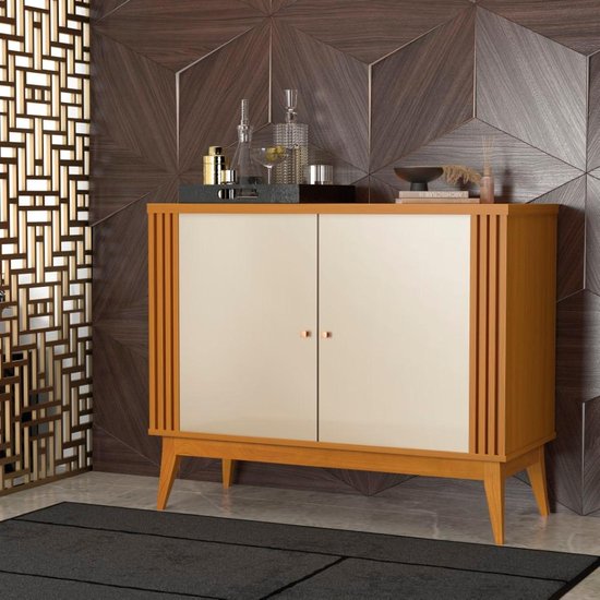 Buffet Aparador Ripado - Cedro e Off White  2 Portas com Pés em Madeira Maciça Royce 90cm