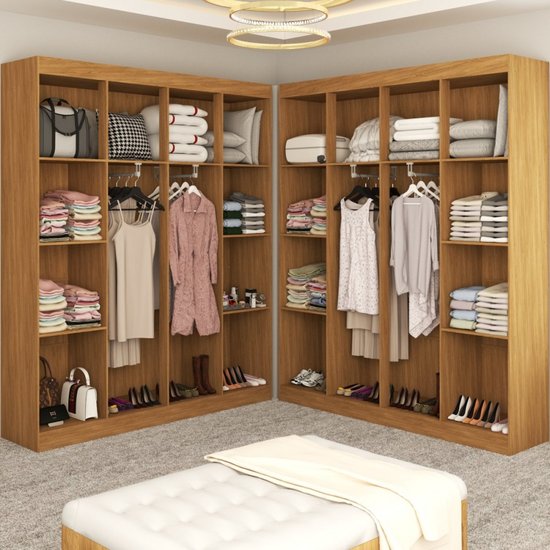 Closet Casal - Marrom em L Ele e Ela 4 Metros 16 Prateleiras 4 Cabideiros