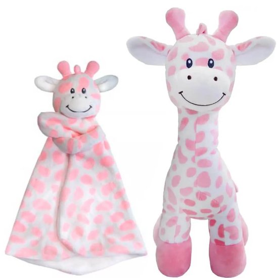 Girafa Bicho de Pelúcia 40cm e Naninha Buba Rosa Paninho de Dormir 30cm