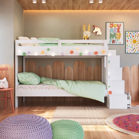Beliche Infantil com Escada, Nichos e Gavetas Branca