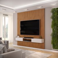 Painel com Bancada para TV até 75 Polegadas Ripado DJ Móveis Trento 250 Freijó Off White