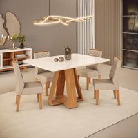 Conjunto de Sala de Jantar 4 Cadeiras Tampo Chanfrado Curvo 120x90 DJ Móveis Kiara Carvalho Lidia Kraft