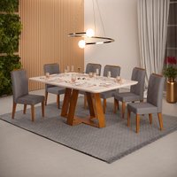 Conjunto de Sala de Jantar 6 Cadeiras Tampo SEM VIDRO 1700x900 DJ Móveis Kiara Freijó Yasmin Lunar