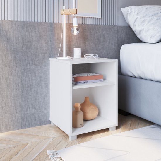 Mesa de Cabeceira Siena Branco com Prateleira e Nicho