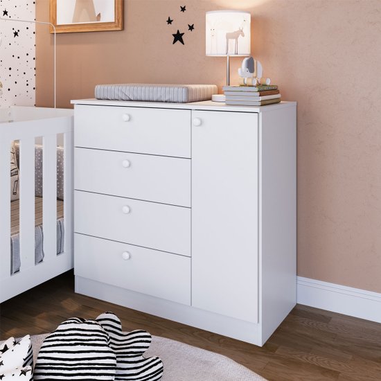 Cômoda Infantil 4 Gavetas e 1 Porta Branca Completa Móveis
