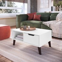 Mesa de Centro Rimini Branca com Gaveta e Pés Marrom