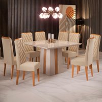 Mesa de Jantar 8 Lugares Perla com Vidro Mel/Nude/Off White - Viero Móveis