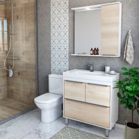 Armário de Banheiro 80 Cm 3 Portas 1 Gaveta com Cuba Branco/Legno Crema 000381 - Ozini Móveis