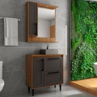 Armário de Banheiro 80 Cm 3 Portas 1 Gaveta com Cuba Grafite/Mel 001209 - Ozini Móveis
